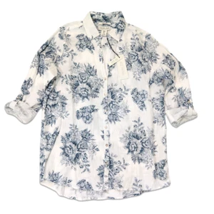 Rachel Zoe Linen Floral Toile Print Button Up Top Size M NWT Roll Tab Sleeves - Picture 1 of 10