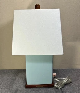 Ralph Lauren Porcelain Table Lamp aqua blue with Shade Wooden Base & Finial 16" - Picture 1 of 12