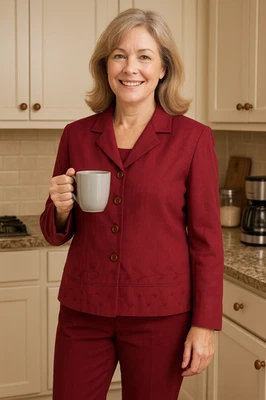 Y2K Laura Scott Petite 10P Red Linen Blend Blazer Jacket 4 Button Embroidered - Image 1 of 4