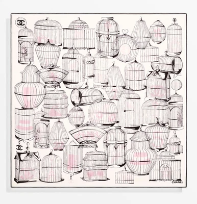 Foulard  Chanel Écharpe carré Cages à Oiseau- Sergé de soie  rose clair et noir - Photo 1/4