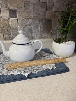White Enamelware Teapot Kettle Hinged Lid Blue Rim Gooseneck Farmhouse Kitchen - Image 1 of 4