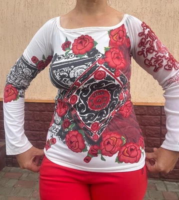 SAVE QUEEN верхний длинным рукавом футболка белый n красный цветочный размер M-L Италии вышитый - Изображение 1 из 4