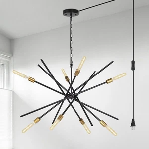 Modern Plug in Chandelier Mid-century Black and Brass 8-Light Sputnik Chandel... - Picture 1 of 9