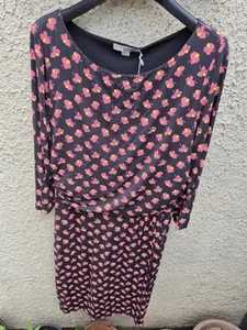 Boden Black With Pink Clover Print 3/4 Sleeve Jersey Ruched Dress Size 16 NEW - Picture 1 of 7
