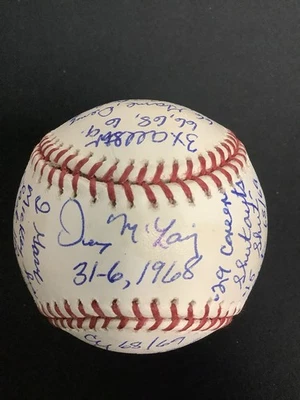 Denny McLain Signed Baseball Yankees Logo Mickey Mantle Story STAT Autograph TPG - Image 1 of 4