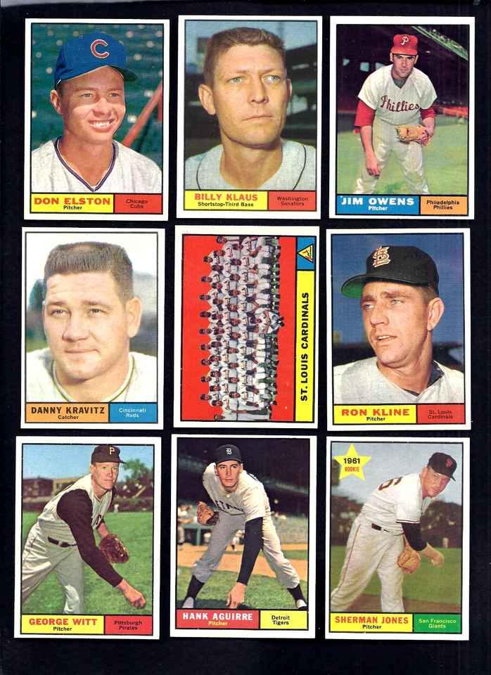 9 tarjetas de béisbol Topps casi nuevas 1961. Tarjeta del equipo de San Luis tiene Musial. Grado superior. Foto 1 de 2