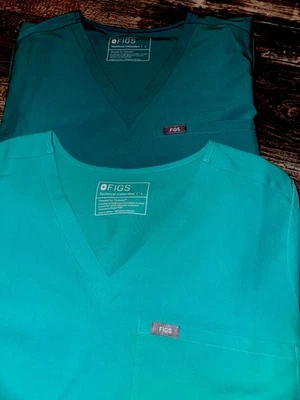 FIGS Womens Scrub Top Lot of 2 Blue Teal Greens Shade Catarina  1 Pocket Sz L - Image 1 of 4