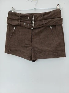 Pretty Little Thing size 10 Brown Washed Faux Leather Double Belted Shorts BNWT. - Picture 1 of 21