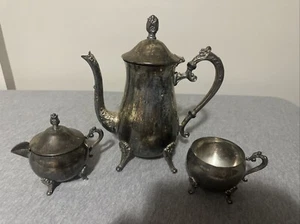 Vintage versilbert Fuß Teekanne Milchkännchen Deckel Zuckerdose Tablett Set - Bild 1 von 9