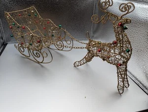Wire  Golden Glitter Wire Reindeer And Sleigh  With Tiny Ornaments Holiday 1 Pc - Picture 1 of 20