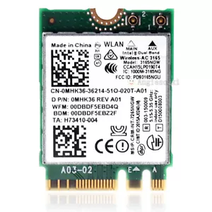 Intel Dual Band Wireless AC 3165 3165NGW 433Mbps BT 4.0 WLAN Card MHK36 For Dell - Picture 1 of 9