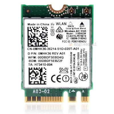 Tarjeta Intel Dual Band Wireless AC 3165 3165NGW 433Mbps BT 4.0 WLAN MHK36 para Dell Foto 1 de 4