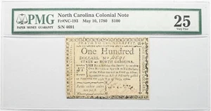 1780 $100 PMG 25 Fr. NC-193 North Carolina Colonial Note Currency Very Fine - Picture 1 of 2