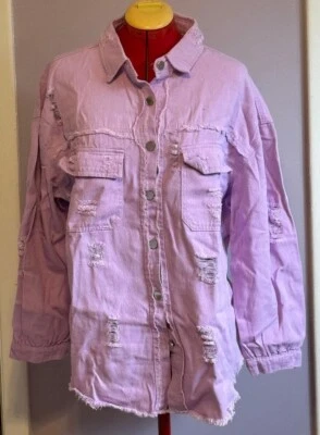 Z Avenue Raw-Edge Pocket Denim Jacket - Lavender - Size M - New - Image 1 of 2