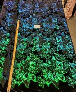 4-way Stretch Black Velvet w Iridescent Green Sequins - Lotus Flower - Picture 1 of 9