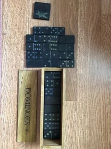 Vintage Domino Set Wooden Case Games Black Tiles Dark Wood Box - Picture 1 of 9