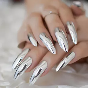 24 Nagelpressset mit Kleber Silber Chrom Spiegel Stiletto extra lang - Bild 1 von 6