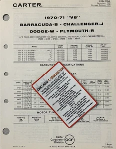 1970-71 MOPAR CARTER HEMI AFB SPECIFICATION SHEET 4742S 4745S 4746S 4969S & - Picture 1 of 1