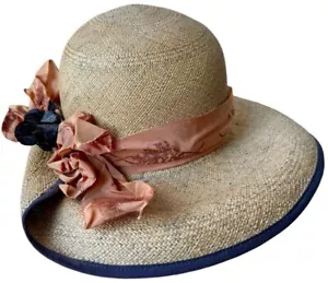 Cappello paglia vintage anni 30 tesa larga con velluto mulino uva nastro fiori - Foto 1 di 24