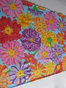 Colorful Flowers on Robins Egg Blue cotton fabric Free Spirit Remnant 42 x 28 - Picture 1 of 2
