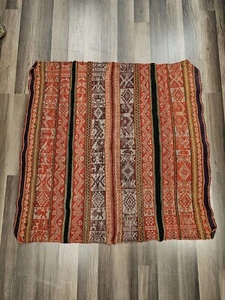 Vtg Peruvian Andean Mountain Pictorial Textile Manta 39" X 38" Red Prayer Rug - Picture 1 of 14