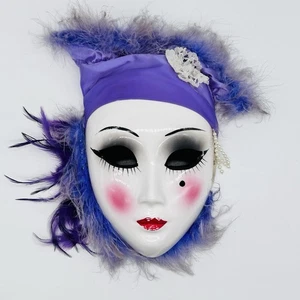 Vintage Porzellan lila Federn Puppe Gesichtsmaske "8 Wanddeko handbemalt nummeriert - Bild 1 von 8