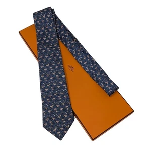 Hermes Paris 100% Silk Bamboo Trees Neck Tie Blue Business Classic - Picture 1 of 9