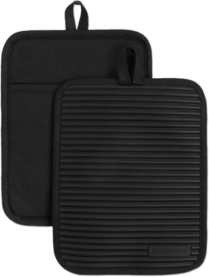 TOWN & COUNTRY LIVING KITCHENAID Ribbed Soft Silicone Pot Holder 2-Pack Set, Matte Black, 7"X9"