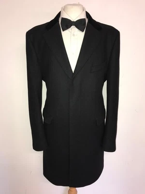 CROMBIE - Slim Fit Long BLACK WOOL COVERT COAT - UK 46 Reg - STUNNING RED LINING - Image 1 of 4