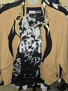 Vtg Jamie Sadock Women's Medium Brown Flame Bomber Jacket W/ ACDC Tee Retro Top - Picture 1 of 8