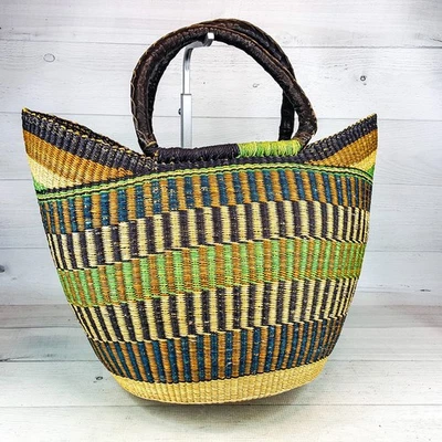 Bolso de Mano Bolga Tejido Cesta Forma de U con Asas de Cuero 18 x 13 x 10 Verde Marrón Foto 1 de 4