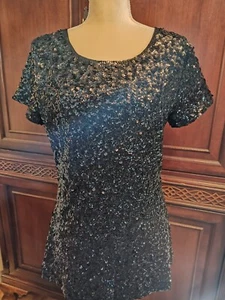 Manor Women's Black Sequin Short Sleeve Evening Top Size Medium - Picture 1 of 6