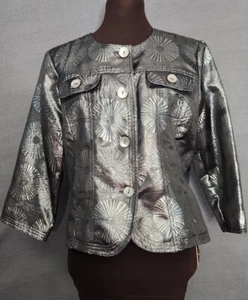 Ruby Rd Road Woman Shiny Silver Gray Lightweight Cropped Jacket Pockets Sz 6 - Picture 1 of 11