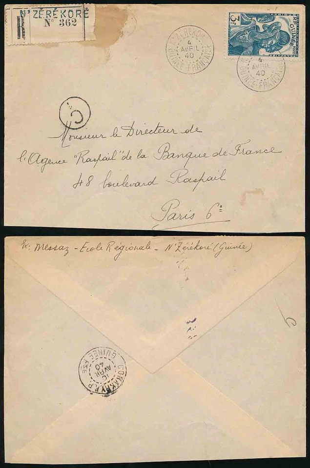 GUINEA FRANCESA SEGUNDA GUERRA MUNDIAL 1940 a FRANCIA REGISTRADA NZEREKORE + CENSOR C1... ÚNICO 3F Foto 1 de 1