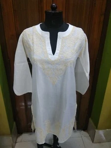 L 42" SEQUINS WORK WITH CHIKAN EMBROIDERY 100% COTTON HANDMADE KURTA TOP KURTI - Picture 1 of 6