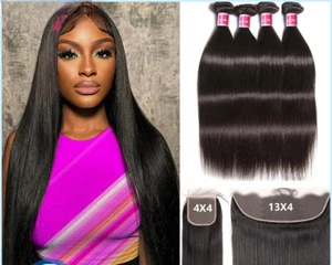 Paquetes de cabello humano liso con frontal tejido de cabello brasileño 13X4 cabello de encaje - Imagen 1 de 10