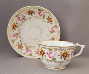 ANTIQUE DERBY HAND PAINTED FLOWERS WISHBONE HANDLE CUP & SAUCER C1825 - Picture 1 of 7