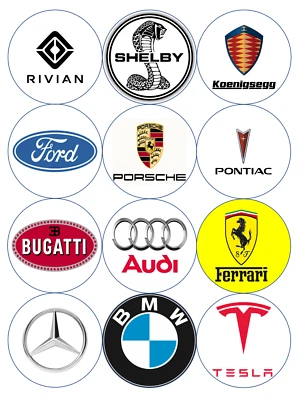 12 logotipos de coches, lujo, coches extranjeros papel comestible, cupcakes galletas toppers Foto 1 de 4