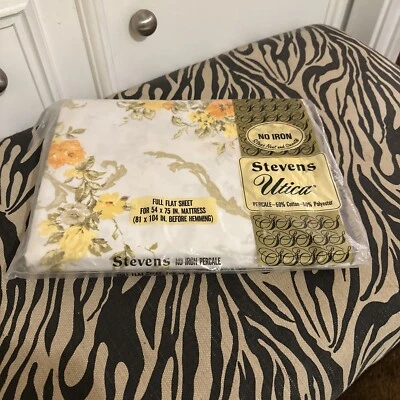 Vintage Utica Stevens Full Flat Sheet White with Pink & Blue Floral New - Image 1 of 4