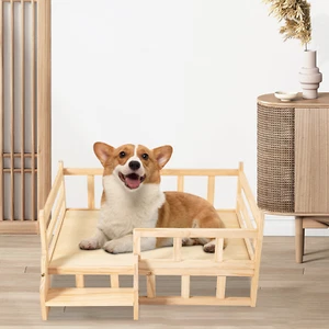 Solid Wood Pet Bed,Wooden Dog Cat Bed Frame Pet Furniture W/Stairs+Anti-Slip Pad - Picture 1 of 16