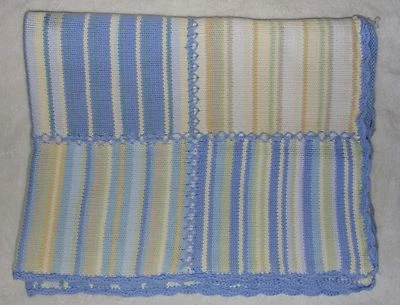 Pottery Barn Kids Baby Blanket Blue Tan Stripe Sweater Knit Scalloped Edge FLAW - Image 1 of 4