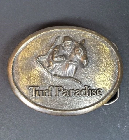 Vintage 1970's Turf Paradise Desert Downs Arizona Horse Racing Track Belt Buckle Cover