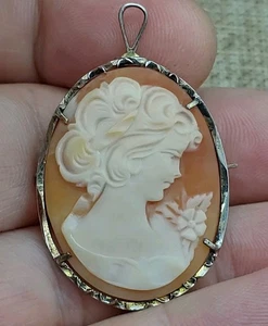 Antike 800 Feinsilber Kamee junge Frauen Brosche/Anhänger geschnitzte Muschel - Bild 1 von 8