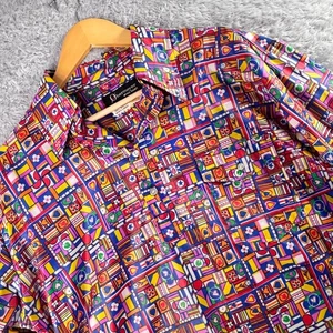 Obermeyer Men's L Vintage Nylon Wind Shirt Long Sleeve Button Up Multi Geometric - Picture 1 of 8