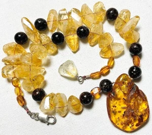 Handcrafted Amber & Citrine Bead Sterling Silver Pendant Necklace - Picture 1 of 8
