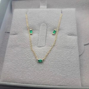 Natural Emerald Baguette Earring and Necklace Set, solid 14k yellow gold - Picture 1 of 5