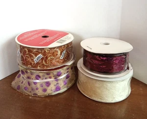 Vintage Holiday Wired Ribbon 250' + Feet Lot of 4 Lace Purple 2" Polk A Dot 2.5" - Picture 1 of 12