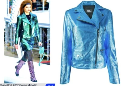 Chaqueta de cuero azul vintage de diseñador Karl Lagerfeld Chanel 36 38 4 6 abrigo M S Foto 1 de 4
