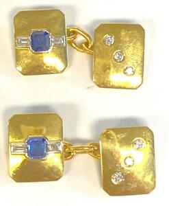 Pair 18K Yellow Gold Diamond & Sapphire Cufflinks