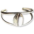 Vintage Nickel Silver Mother of Pearl Oval Cabochon Feather Design Cuff Bracelet